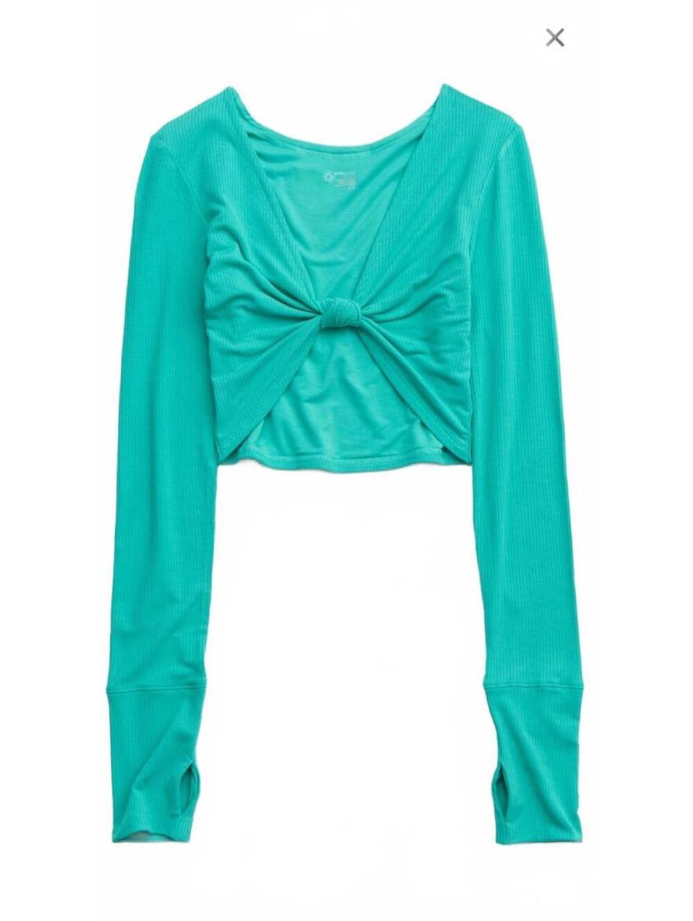 Aerie OFFLINE Teal Ribbed Modal Crop Top Long Sleeve Bow Thumbholes Large - Picture 2 of 9